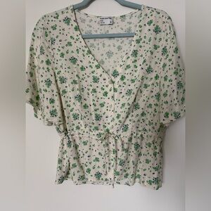 Frank and Oak Floral V-Neck Blouse in White and Green